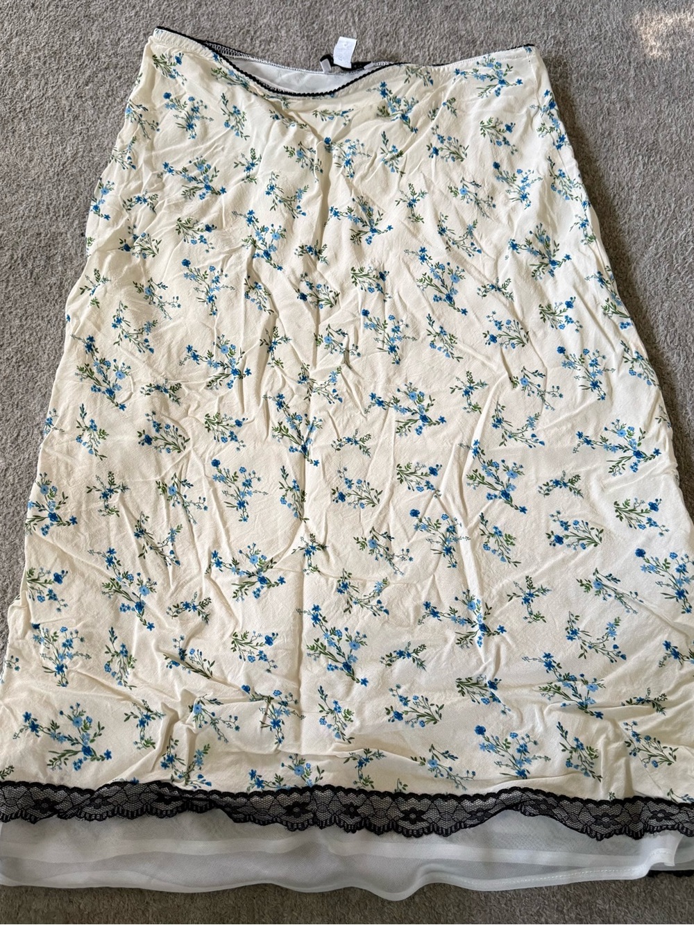 Topshop Cream Midi Skirt with Blue Floral Print and Black Lace Trim